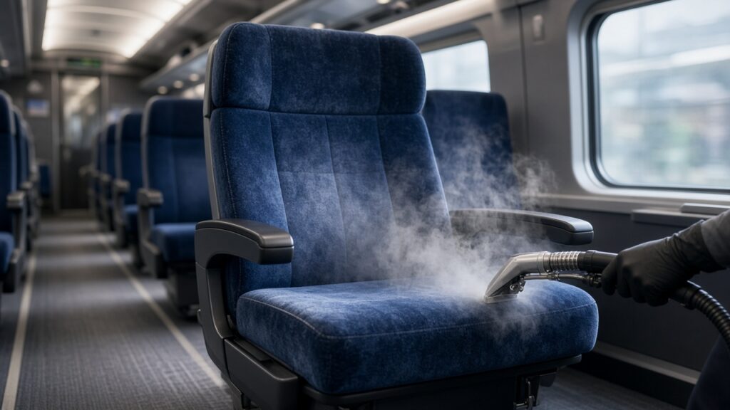列車車廂藍色座椅進行高溫蒸氣清洗，無鐵路商標
