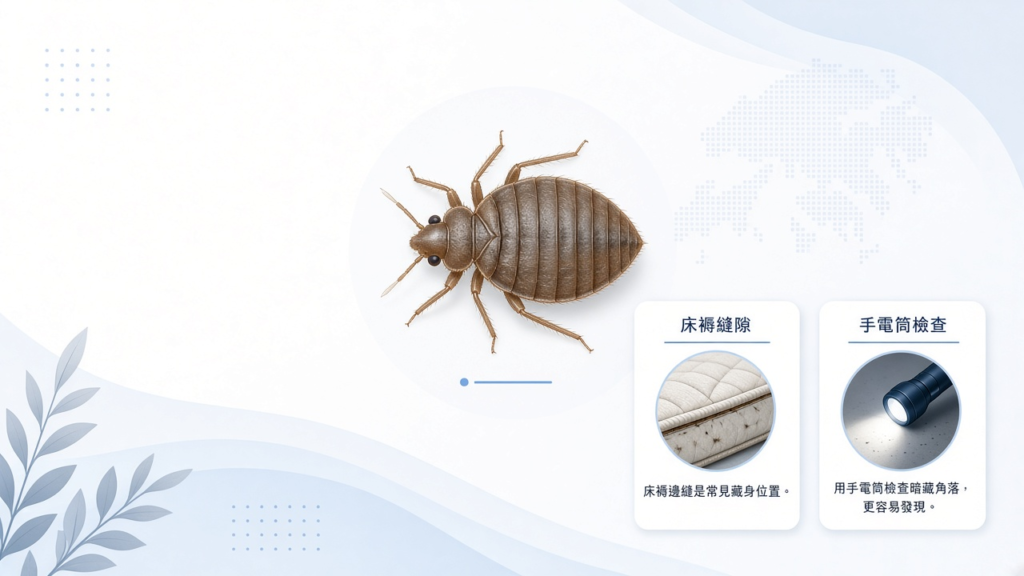 床蝨外形與床褥縫隙檢查示意圖