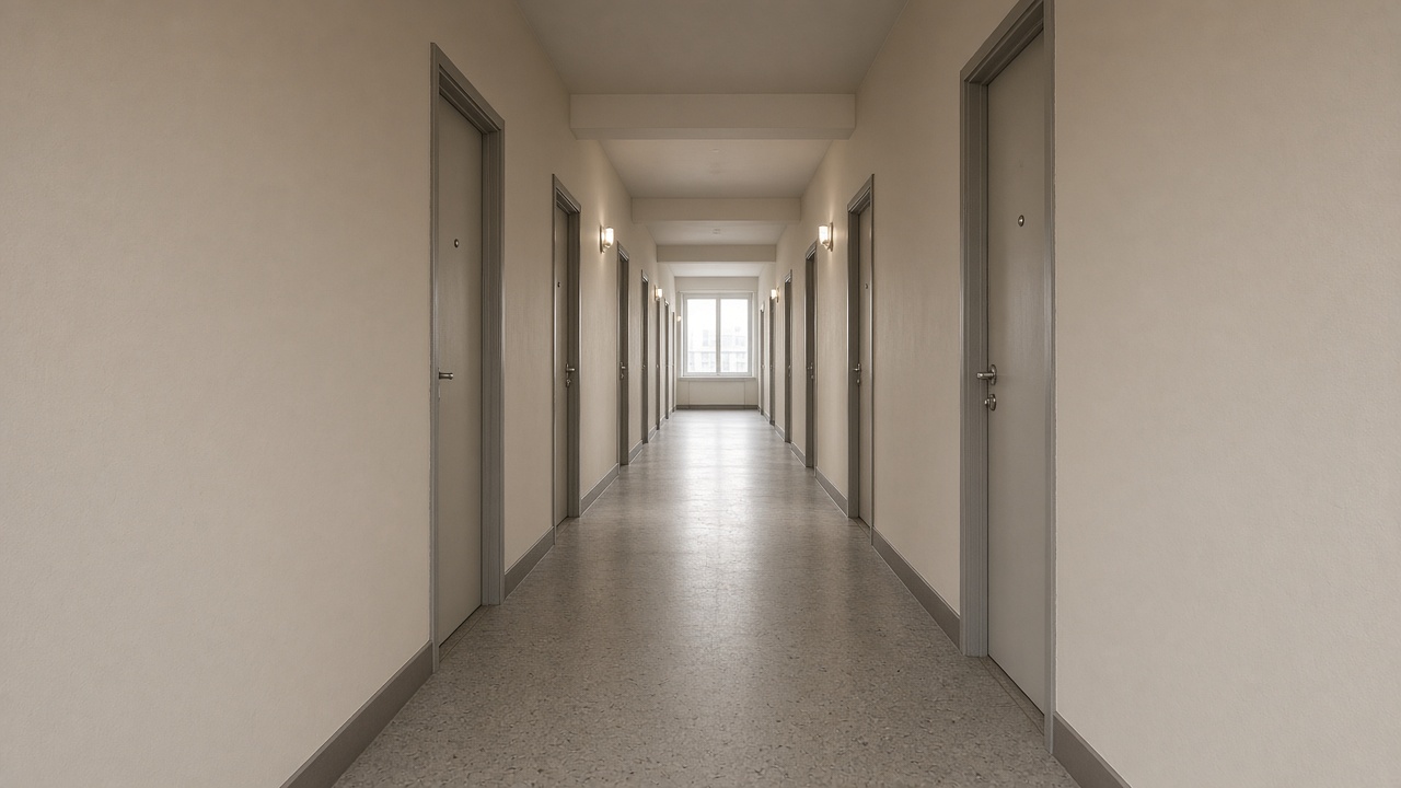 住宅大廈廊置中透視,示意巡查與物業管理場景